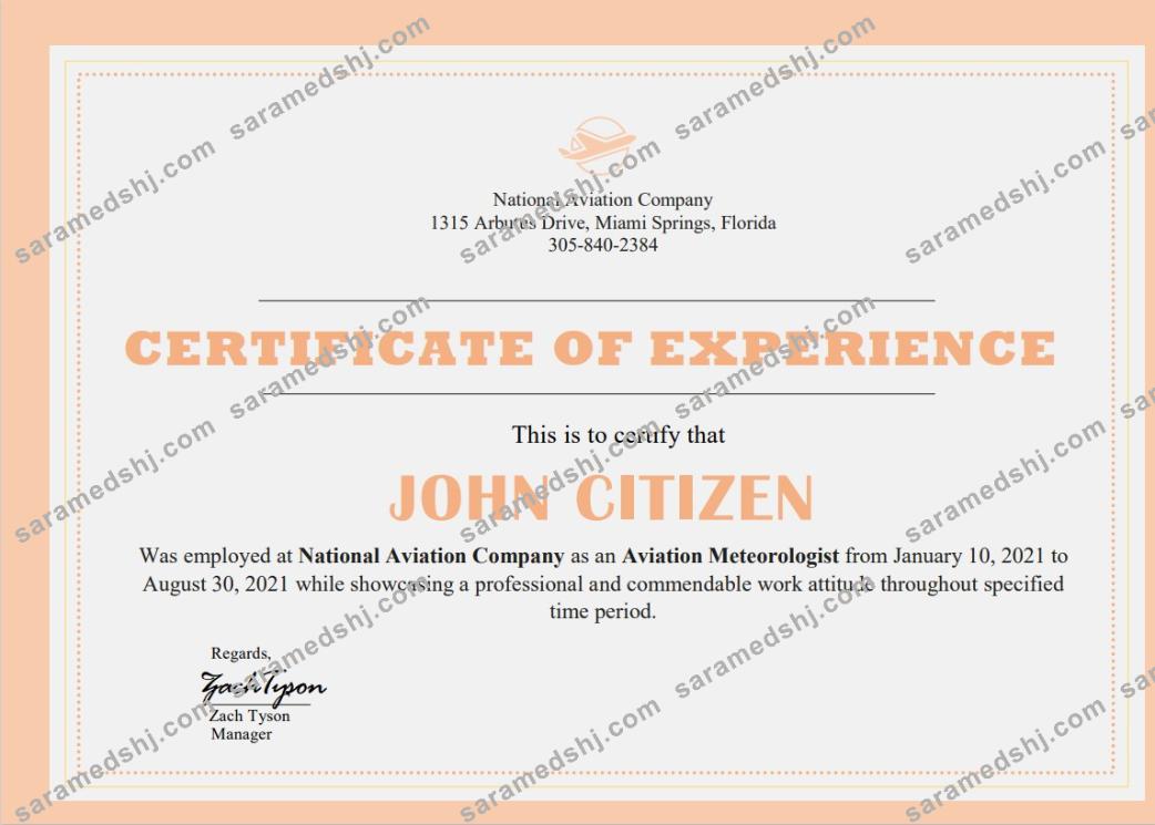 USA Company Experience Cert